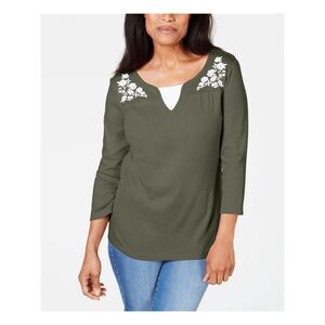 KAREN SCOTT Womens Green 3/4 Sleeve T-Shirt Petites PS